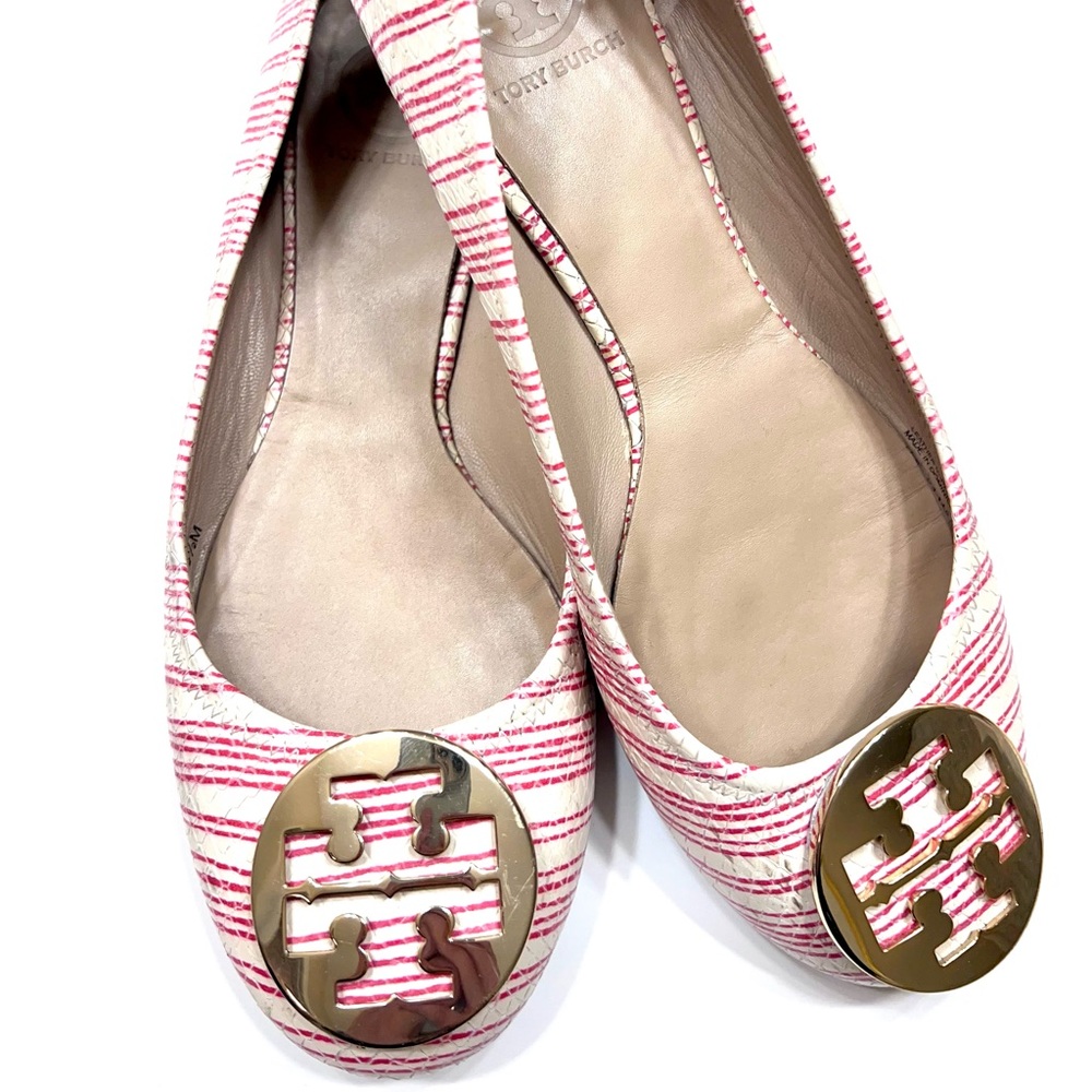 TORY BURCH WOMENS REVA BALLET FLATS RED & WHITE STRIPE WITH GOLD LOGO